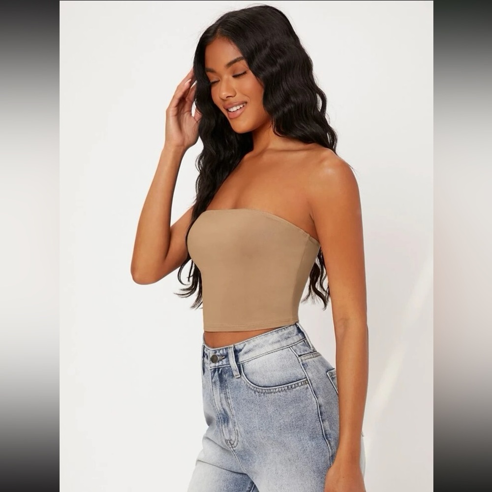 SHEIN BASICS Solid Crop Tube Top Apricot Strapless